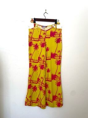 Urban Outfitters Size 6 Sunny Cut Out Flare Pants Yellow Pink Palm Tree Print
